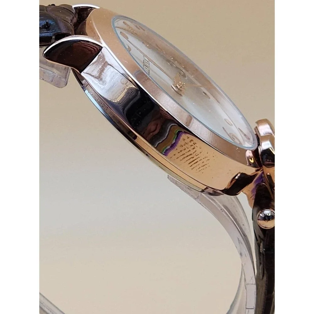 SEIKO ELLEN TRACY Watch Rose Gold Tone Deep Brown Alligator Band Heart CZ